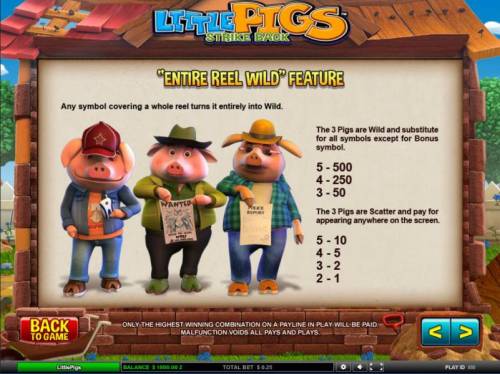 Little Pigs Strike Back Big Bonus Slots Entire Reel Wild feature game rules and paytable