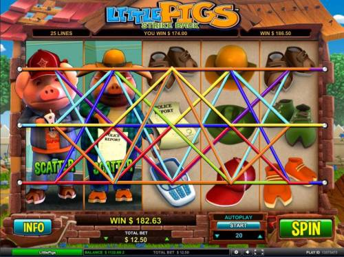 Little Pigs Strike Back Big Bonus Slots multiple winning paylines triggers a $186.50 payout