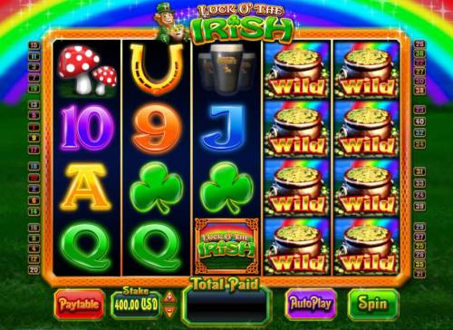 Luck O' the Irish Big Bonus Slots A leprechaun themed main game board featuring five reels and 5 paylines with a $5,000 max payout