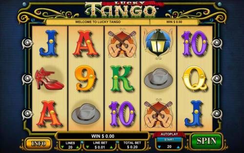 Lucky Tango Big Bonus Slots main game board featuring five reels and twenty paylines
