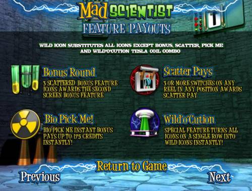 Mad Scientist Big Bonus Slots bonus round, scatter pays, bio pick me and wild'o'cution feature rules