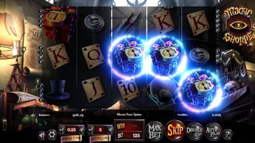 Magic Shoppe Big Bonus Slots Landing 3 moon boxes anywhere on the reels triggers the Moon Free Spins feature.
