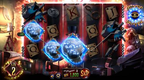Magic Shoppe Big Bonus Slots Ab 1800 coin payout triggered by 3 skull symbols during the free spins feature.