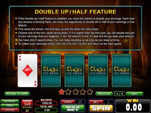 Magic Signs Big Bonus Slots double up/half feature - you have a chance to double your money with this feature