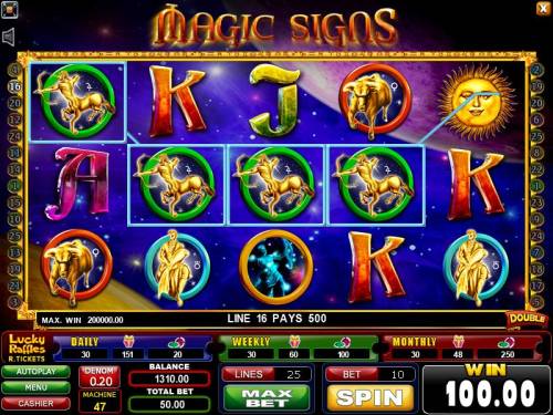 Magic Signs Big Bonus Slots four of a kind triggers a 500 coin jackpot