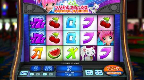 Magical Stacks Big Bonus Slots An Asian cartoon themed main game board featuring five reels and 20 paylines with a $50,000 max payout
