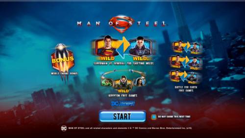Superman Man of Steel Big Bonus Slots Game features include: Progressive Jackpots, World Engine Bonus, Supermand VS General Zod Shifting Wilds, Krypton Free Games and Battle for Earth Free Games