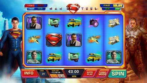 Superman Man of Steel Big Bonus Slots A superhero themed main game board featuring five reels and 25 paylines with a progressive jackpots max payout