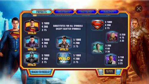 Superman Man of Steel Big Bonus Slots High value slot game symbols paytable featuring movie character inspired icons.
