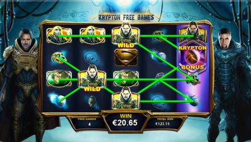 Superman Man of Steel Big Bonus Slots Multiple winning paylines triggered by sticky wilds during the Krypton Free Games feature