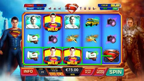 Superman Man of Steel Big Bonus Slots Shifting Wilds triggers multiple winning paylines.