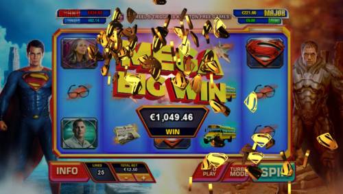 Superman Man of Steel Big Bonus Slots A mega win awarded as a result of bonus feature game play.