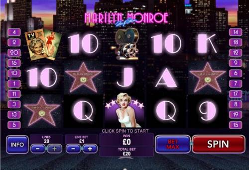 Marilyn Monroe Big Bonus Slots main game board featuring 5 reels and 20 paylines