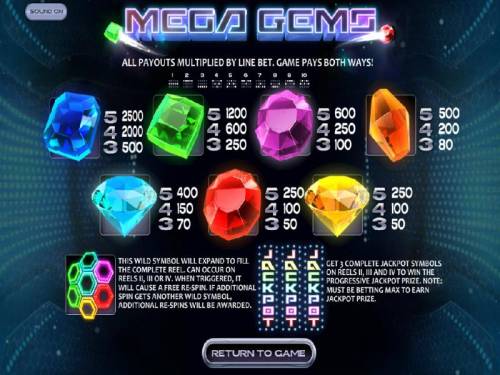 Mega Gems Big Bonus Slots Slot game symbols paytable and payline diagrams