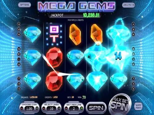 Mega Gems Big Bonus Slots Multiple winning paylines triggers a 70 coin payout