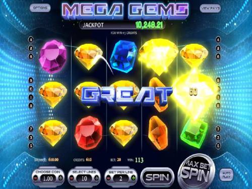 Mega Gems Big Bonus Slots Five of a kind leads to a big win.