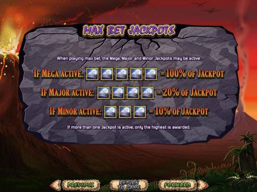 Megasaur Big Bonus Slots Max Bet Jackpots - When playing max bet, the Mega, Major and Minor Jackpots may be active.