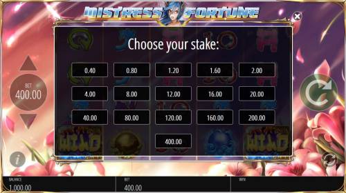 Mistress of Fortune Big Bonus Slots Choose from 16 available stake options