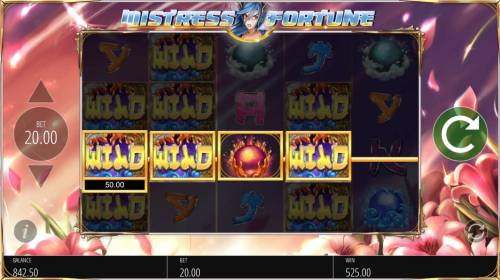 Mistress of Fortune Big Bonus Slots Wild symbols stacked on reels 1, 2 and 4 leads to multiple winning conbinations