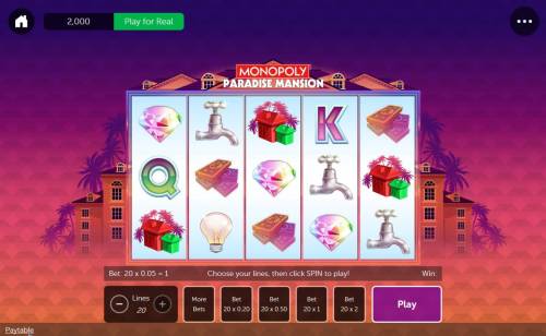 Monopoly Paradise Mansion Big Bonus Slots Main game board featuring five reels and 20 paylines with a $20,000 max payout