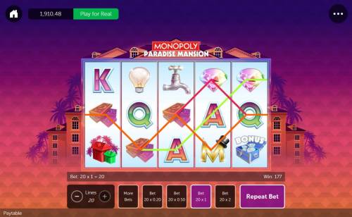 Monopoly Paradise Mansion Big Bonus Slots Multiple winning paylines triggers a 177.00 big win!