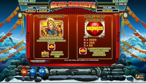 More Monkeys Big Bonus Slots monkey king is wild and substitutes for all symbols except bonus and appears on reels 2 and 4 only. Scatter Bonus, 3, 4 or 5 scatter bonus triggers 7, 10 or 20 free games respectively.