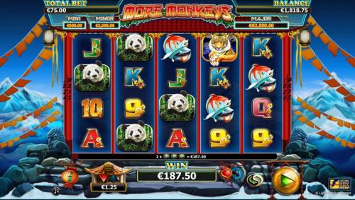 More Monkeys Big Bonus Slots 2x multiplier triggers a 187.50 payout.