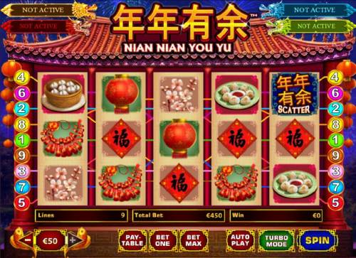 Nian Nian You Yu Big Bonus Slots Main game board featuring five reels and 9 paylines with a progressive jackpot payout