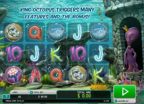 Octopus Kingdom Big Bonus Slots Main game board featuring five reels and 40 paylines with a $5,000 max payout