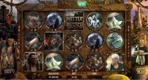 Orc vs Elf Big Bonus Slots main game board featuring five reels and 25 paylines