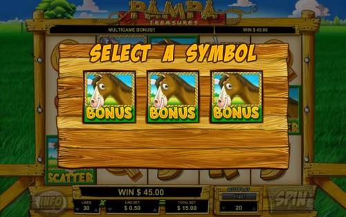 Pampa Treasures Big Bonus Slots select a symbol to reveal a prize award
