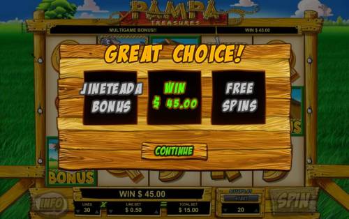 Pampa Treasures Big Bonus Slots bonus feature awards a $45 jackpot