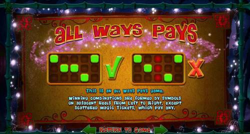 Panda Magic Big Bonus Slots All Ways Pays - The is an All Wyas Pay game. Winning combinations are formed by symbols on adjacent reels from left to right, except scattered magic tickets, which pay any.