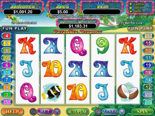 Paradise Dreams Big Bonus Slots A paradise themed main game board featuring five reels and 20 paylines with a $250,000 max payout