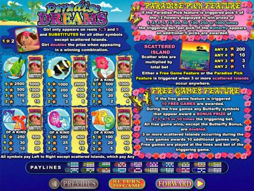 Paradise Dreams Big Bonus Slots Slot game symbols paytable featuring tropical paradise inspired icons.
