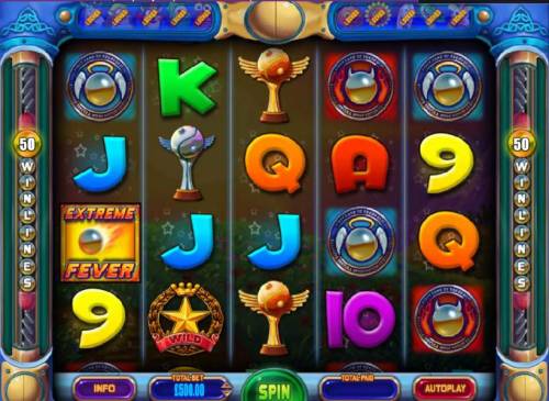Peggle Big Bonus Slots Main game board featuring five reels and 50 paylines with a $250,000 max payout
