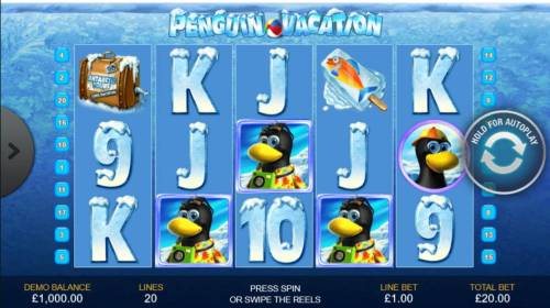 Penguin Vacation Big Bonus Slots An artic vacation themed main game board featuring five reels and 20 paylines with a $10,000 max payout