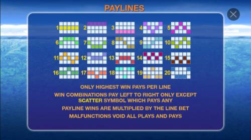Penguin Vacation Big Bonus Slots Payline Diagrams 1-20. Only highest win pays per line. Win combinations pay left to right only except scatter symbol which pays any.