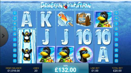Penguin Vacation Big Bonus Slots Staked wild symbols on reel 1 triggers a 132.00 big win.