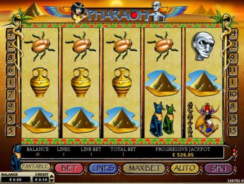 Pharaoh Big Bonus Slots Main game board featuring five reels and 15 paylines with a $7,500 max payout