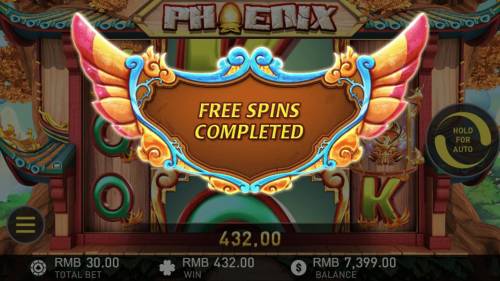 Phoenix Big Bonus Slots Free Games feature triggers a mega win at the completion of the free games.