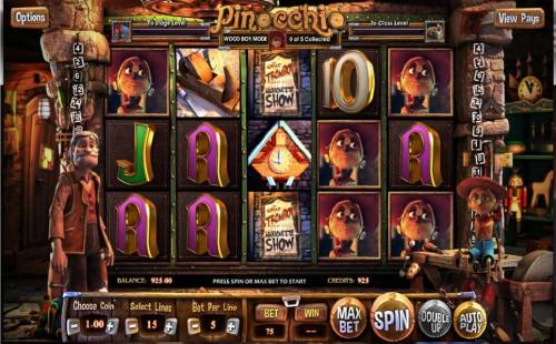 Pinocchio Big Bonus Slots Main game board featuring five reels and 15 paylines with a 500x max payout