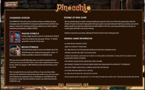 Pinocchio Big Bonus Slots General game information, Changing worlds and Double Up Mini Game