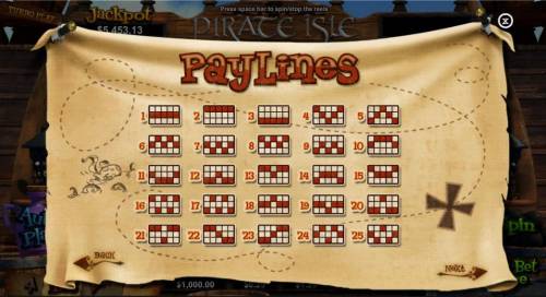 Pirate Isle Big Bonus Slots Payline Diagrams 1-25