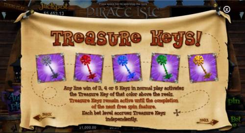 Pirate Isle Big Bonus Slots Treasure Keys! Any line win of 3, 4 or 5 keys in normal play activates the Treasure Key of that color above the reels. The Treasure Keys remain active until the completion of the next free spin feature. Each bet level accrues Treasure Keys independently.
