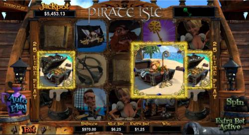 Pirate Isle Big Bonus Slots Three treasure chest symbol triggers bonus feature.