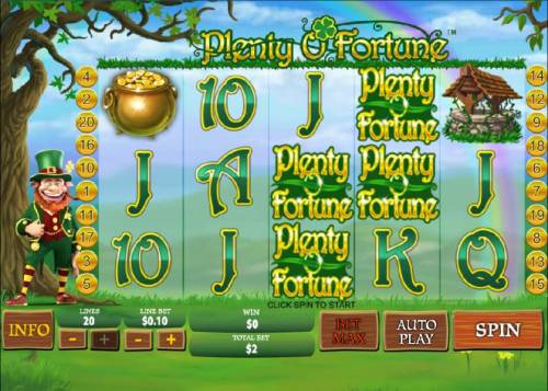 Plenty O' Fortune Big Bonus Slots main game board featuring five reels, twenty paylines and a 500x max payout