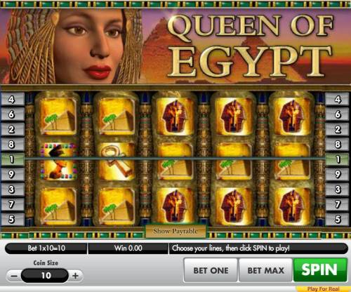Queen of Egypt Big Bonus Slots An Egyptian themed main game board featuring five reels and 9 paylines with a $100,000 max payout