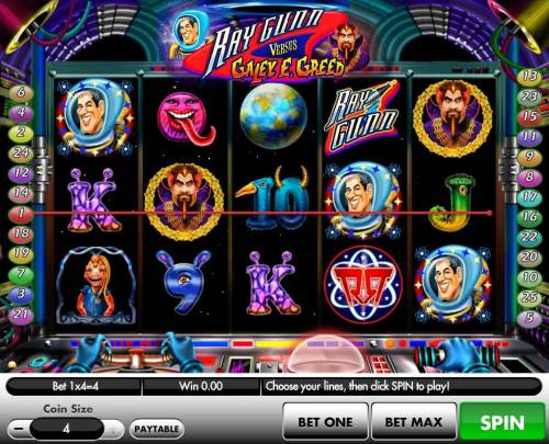 Ray Gunn Versus Galex E. Greed Big Bonus Slots An outerspace themed main game board featuring five reels and 9 paylines with a $4,000 max payout