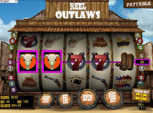 Reel Outlaws Big Bonus Slots multiple winning paylines triggers a 150 coin jackpot